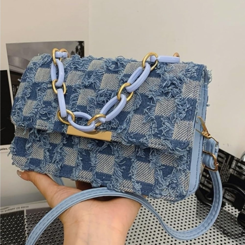 Blue Elegant Denim Tassels Checkered Jeans Crossbody Bag